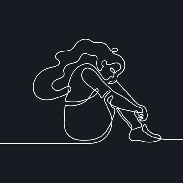 single line drawing of anxiety and sensory-sensitivity person with long curly hair
