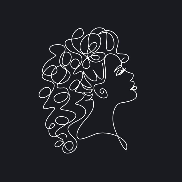 single line drawing of woman with curly hair thinking about booking aftercare for her curls