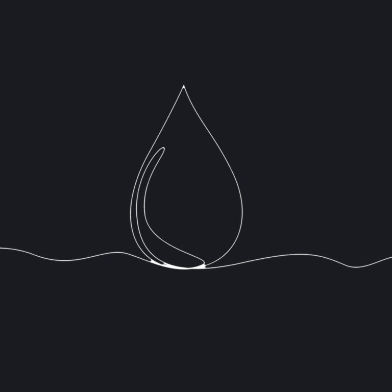 Minimalist single-line drawing of a water droplet containing a curl, resting above a fluid wave, representing hydration, structure, and post-cut care from Tom Zappala Haircutting
