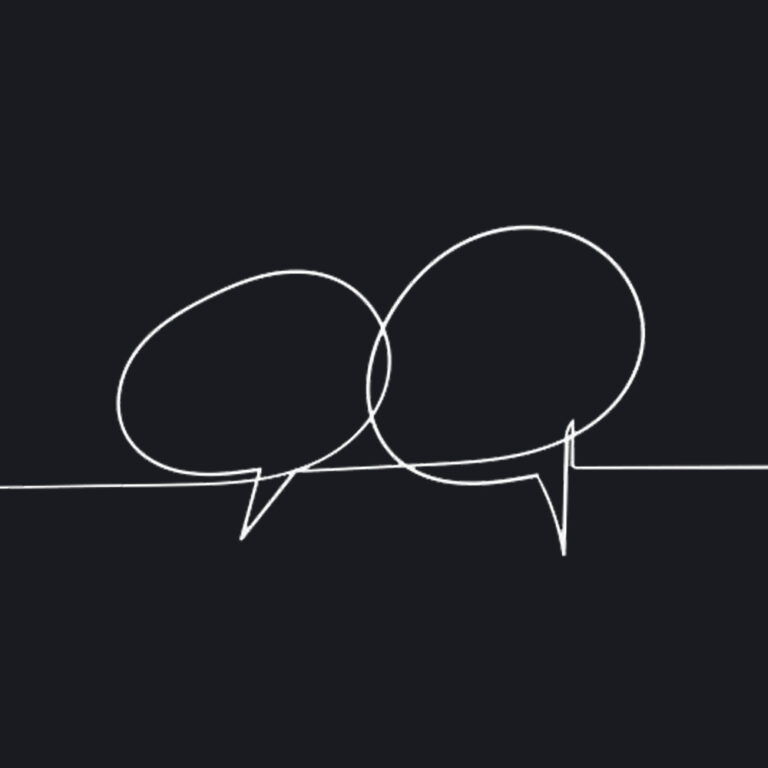 Minimalist line drawing of two overlapping speech bubbles symbolising open dialogue, consultation, and communication
